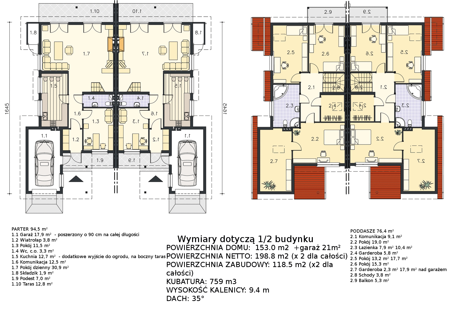 Rzut poziomy parteru i poddasza bliźniaka z wymiarami pomieszczeń, widok z góry, przekrój architektoniczny budynku mieszkalnego.